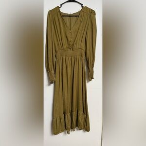 Green Pleated Wrap Sundress with Bishop Sleeves